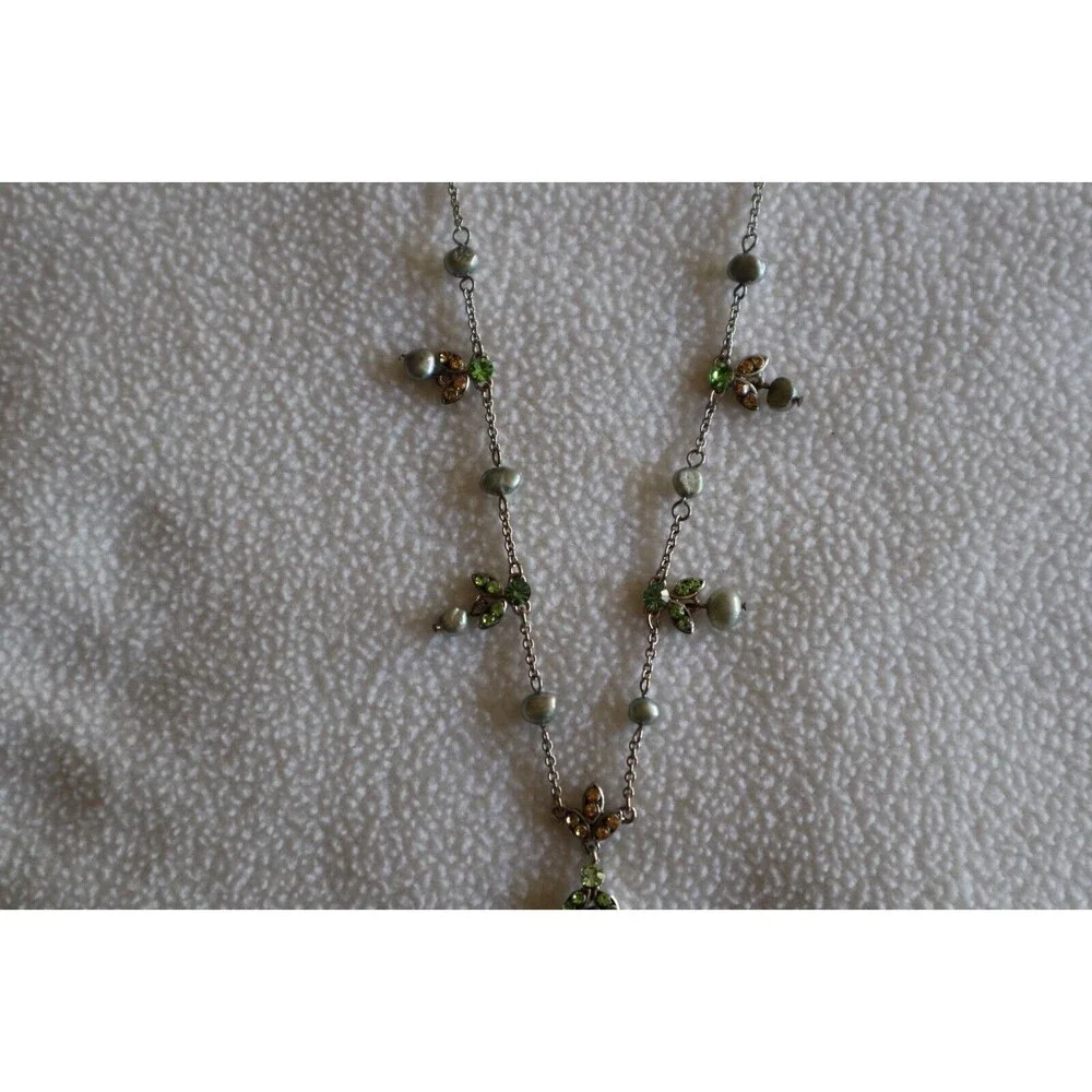 Vtg Necklace Faux Pearls Silver Tone Green Brwn Rhinestones Dangle Pendant 18"+ - Picture 5 of 10